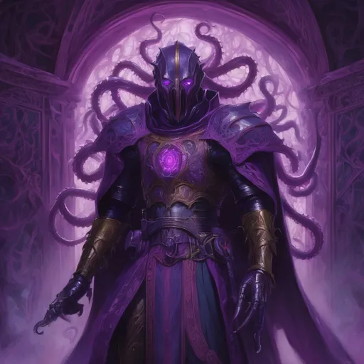 Prompt: Purple knight, eldritch being, tentacles, lovecraft, greg rutkowski, vibrant colors, full hd, high quality, 4k, trending on artstation, oil painting, symmetrical, intricate, highly detailed,