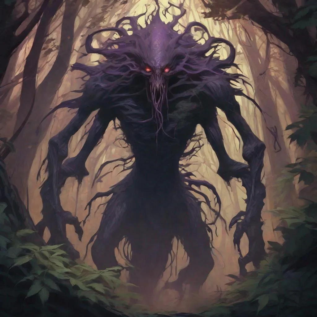 Prompt: A shadow monster, eldritch horror, formless, unspeakable, evil, cryptic, cryptid, in the dark woods, fantasy, dnd, aetherpunk, deep color", trending on artstation, in the style of Artgerm, Greg Rutkowski, Alphonse Mucha, dark color palette, amazing shading, masterpiece, 4k, intricate detail illustration, painting, drawing, art, sketch