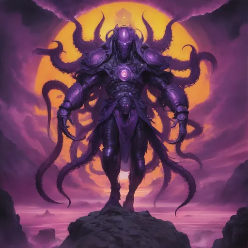 Prompt: Purple knight, eldritch being, tentacles, lovecraft, greg rutkowski, vibrant colors, full hd, high quality, 4k, trending on artstation, oil painting, symmetrical, intricate, highly detailed,  in the style of Jordan Grimmer, deviantart, gouache, hyperrealism, lens flare, flickering light, aetherpunk, deep color" trending on artstation, in the style of Artgerm, Arthur Suydam, Alex Maleev, Shintaro Kago, Gil Elvgren, Greg rutkowski, dark color palette, amazing shading, masterpiece, 4k, intricate detail illustration, painting, drawing, art, sketch