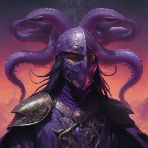 Prompt: Purple knight, eldritch being, tentacles, lovecraft, greg rutkowski, vibrant colors, full hd, high quality, 4k, trending on artstation, oil painting, symmetrical, intricate, highly detailed,  in the style of Jordan Grimmer, deviantart, gouache, hyperrealism, lens flare, flickering light, aetherpunk, deep color" trending on artstation, in the style of Artgerm, Arthur Suydam, Alex Maleev, Shintaro Kago, Gil Elvgren, Greg rutkowski, dark color palette, amazing shading, masterpiece, 4k, intricate detail illustration, painting, drawing, art, sketch