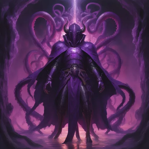 Prompt: Purple knight, eldritch being, tentacles, lovecraft, greg rutkowski, vibrant colors, full hd, high quality, 4k, trending on artstation, oil painting, symmetrical, intricate, highly detailed,
