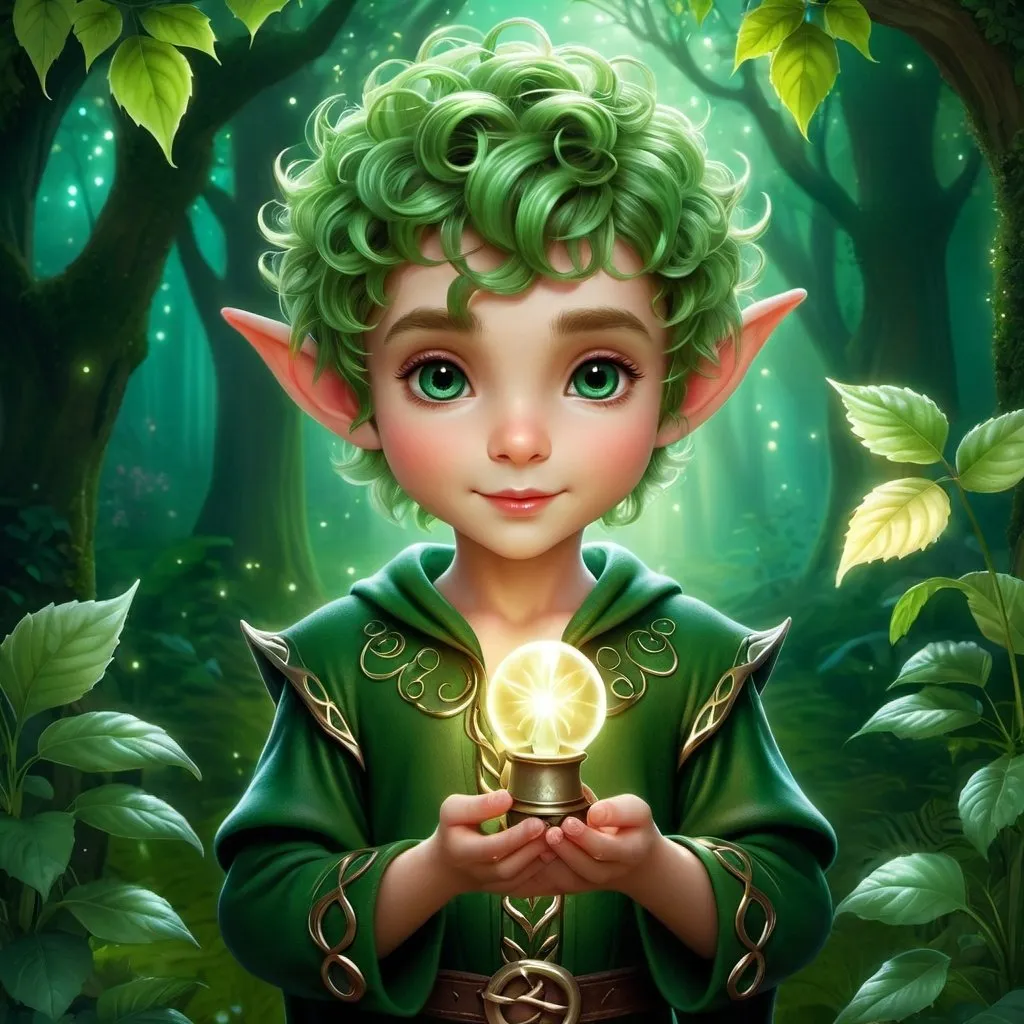 Prompt: portrait and full body shot of a cute forest elf, who is holding a light in his hands, he is doing magic in a beautiful and magical enchanted garden, short curly hair, digital art style clipart, very detailed by mandy jungens, nadja baxter, anne stokes, nicoletta ceccoli, full colors