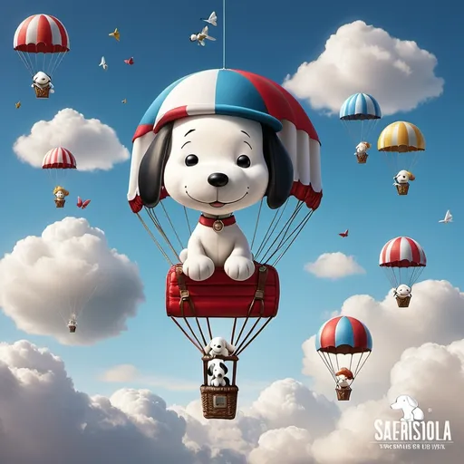 Prompt: Imagine Snoopy on a parachute. Digital art style clipart, very detailed by mandy jungens, nadja baxter, anne stokes, nicoletta ceccoli, full colors