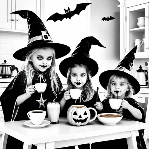 Prompt: Design a coloring page with a white background of children dressed as Halloween wizards with a white background. Children are drinking coffee at the kitchen table, the kitchen is decorated with typical Halloween elements and designs.