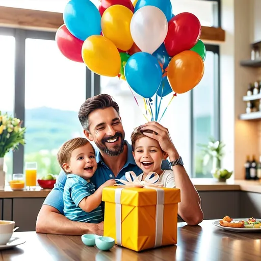 Prompt: Imagine a realistic, vibrant and joyful cinematic scene of a young father being celebrated on Father's Day. The father should be in the center of the scene, holding one of his children in his arms while another gives him a gift. He captures the expressions of joy and affection on his face. Surround them with festive elements, such as colorful balloons, streamers, and a "Happy Father's Day" sign. Includes a table with a special breakfast for Father's Day, with dishes and drinks that show the effort and love put into the celebration. The background can be a bright and sunny dining room, full of natural light.