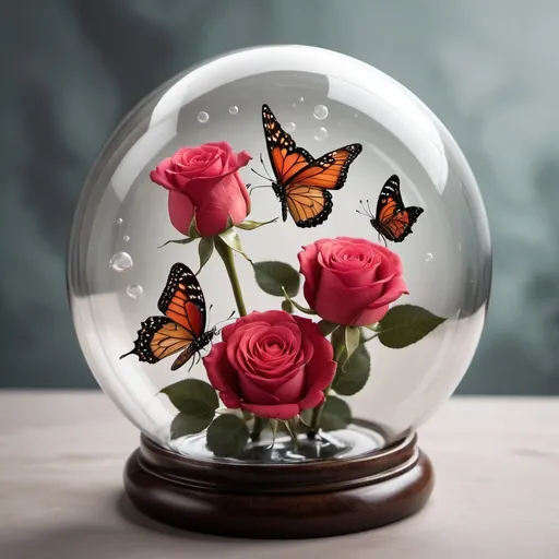 Prompt: Imagine three roses in a glass bubble, butterflies fly around the roses,