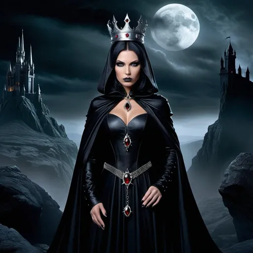 Prompt: Draw a powerful and eerie image of the Dark Queen's Command: Reign of Shadows. The Dark Queen should stand at the edge of a cliff, her dark cloak billowing in the wind, and her outstretched hand commanding the shadows around her. Her appearance should be regal and intimidating, with a crown of dark thorns and glowing, piercing eyes. The scene should be enveloped in a mystical, shadowy fog, with ghostly figures and dark creatures emerging from the darkness at her command. The background should be a desolate, rocky landscape under a stormy, moonlit sky, highlighting the reign of shadows and the queen's dominance, digital art style clipart, very detailed by mandy jungens, nadja baxter, anne stokes, nicoletta ceccoli , full colors.