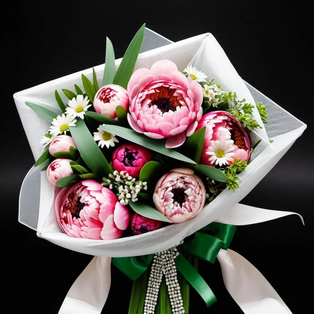 Prompt: In the upper right corner of an elegant photo frame, a floral ornament unfolds gracefully. The arrangement is made up of delicate pastel-colored flowers, such as roses, peonies and daisies, interspersed with green leaves and eucalyptus sprigs. The flowers are arranged harmoniously, creating a natural arch that gently frames the photo. Small pearls and crystals are interspersed among the flowers, adding a touch of sparkle and sophistication. The scene conveys a romantic and elegant air, perfect to highlight a special photo.