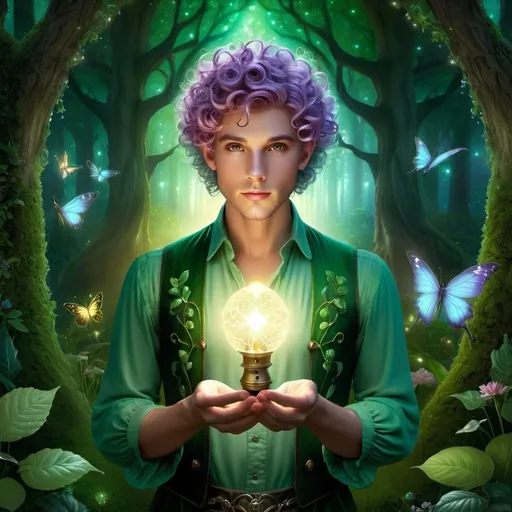 Prompt: portrait and full body shot of a fairy forest man, who is holding a light in his hands, he is doing magic in a beautiful and magical enchanted garden, short curly hair, digital art style clipart, very detailed by mandy jungens, nadja baxter, anne stokes, nicoletta ceccoli, full colors