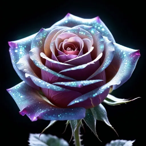 Prompt: In a futuristic, dark setting, a magical holographic rose floats in the air, emitting an ethereal glow. The rose is made up of glowing lights and particles that gently move and change color, from shades of blue and purple to gold and green. Around the rose, lines and holographic patterns can be seen intertwining and forming complex geometric figures. The atmosphere is mystical and technological, highlighting the beauty and magic of the holographic rose