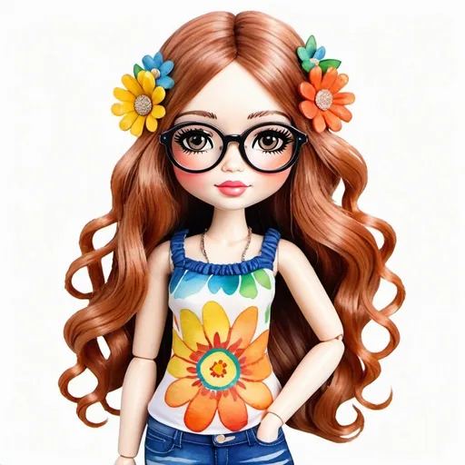 Prompt: Create a watercolor illustration of a hippie doll with a distinctive 60s style. The doll has long, wavy hair adorned with bright flowers. She wears large, round glasses that highlight her dreamy look. She wears flared pants and a fringed bag, iconic elements of the hippie style. She places the doll on a white background to highlight her figure and uses soft, faded colors to create a watercolor effect that gives a bohemian and artistic touch to the image.