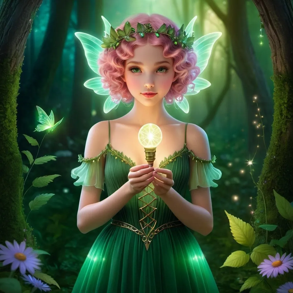Prompt: portrait and full body shot of a young forest fairy, who is holding a light in her hands, she is doing magic in a beautiful and magical enchanted garden, short curly hair, digital art style clipart, very detailed by mandy jungens, nadja baxter, anne stokes, nicoletta ceccoli, full colors