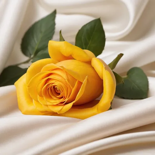 Prompt: Creates an image of a beautiful yellow rose resting delicately on a white silk fabric. The rose should be in the foreground, with its petals open and vibrant, highlighting its bright yellow color. The silk fabric should be soft and fluid, with subtle folds that reflect light, creating an elegant contrast with the intensity of the rose color. The image should convey a sense of luxury and delicacy, focusing on the natural beauty of the rose against the purity of the silk.