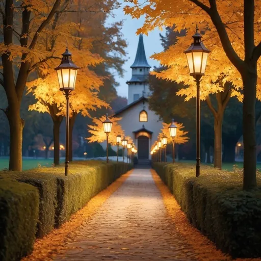 Prompt: Imagine a lovely, serene, cinematic-style image of a guardian angel strolling along a lantern-lit path, guiding the way down a street on a late fall afternoon. Lanterns should be rustic and antique, casting a soft, welcoming light along the path. The ground should be covered with fallen leaves in bright autumn colors, creating a picturesque path. Capture the tranquil atmosphere of the autumn day with the setting sun, casting a warm, golden hue over the scene. The distant street should be seen through the passage, framed by trees in various stages of shedding their leaves, and the air should have a slight freshness, evoking the essence of autumn.