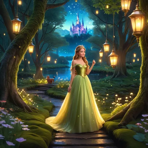 Prompt: Create a fairy tale scene with a cinematic perspective and realistic style. Imagine an enchanted forest bathed in the golden light of sunset. In the center of the image, a young princess with long hair and an elegant dress walks along a moss-covered path. All around her, ancient and majestic trees rise towards the starry sky. Behind the princess, a group of fireflies shine in her darkness. It uses lighting and shading techniques to give a cinematic and realistic look to the scene, capturing the magic and beauty of fairy tales.