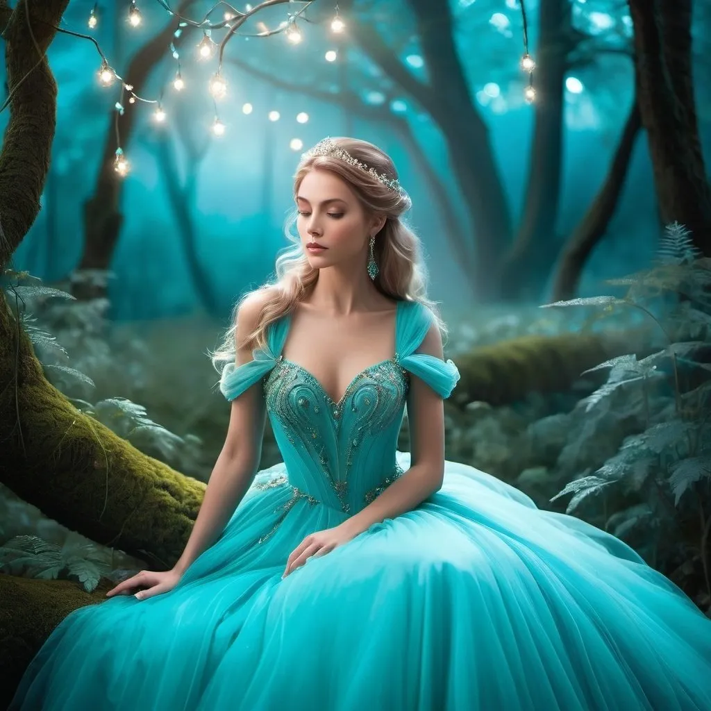 Prompt: Imagine and Create an ethereal fantasy portrait of a woman in a charming turquoise ball gown. The dress should have intricate details, flowing layers of fabric, sparkling embellishments, and a sense of magical elegance. The woman must appear in an elegant pose, with a serene and otherworldly expression. She surrounds it with a dreamy enchanted forest or a misty, mystical landscape, and she uses soft, bright lighting to enhance the ethereal atmosphere. She incorporates delicate elements like floating fairy lights, soft swirls of mist, and a background that fades into a twilight sky to complete the enchanting scene.