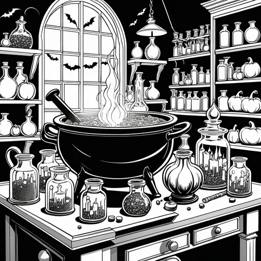 Prompt: Design a Halloween coloring page of a magical witch's potion lab. The scene should include a bubbling cauldron, potion bottles with mysterious liquids, spell books, and a black cat. Add details like floating candles and shelves filled with ingredients like eye of newt and bat wings.