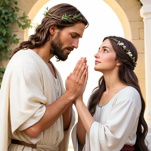 Prompt: Imagine, detail and create an illustration in a realistic style that represents Jesus Christ standing in front of a kneeling woman in an attitude of repentance. Jesus must be represented with a serene and compassionate posture, with his arms extended towards the woman in a gesture of forgiveness and acceptance. His face radiates love and understanding as he looks tenderly at the woman. The woman, for her part, must be leaning towards the ground, with her eyes lowered and her hands together in a sign of supplication. She uses a soft, warm color palette to convey a sense of peace and reconciliation in the scene.