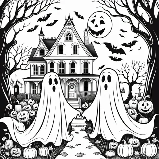 Prompt: Design a coloring page with a white background of two Halloween ghosts with a white background. The ghosts are floating in the garden of the house. The house is decorated with typical Halloween elements.