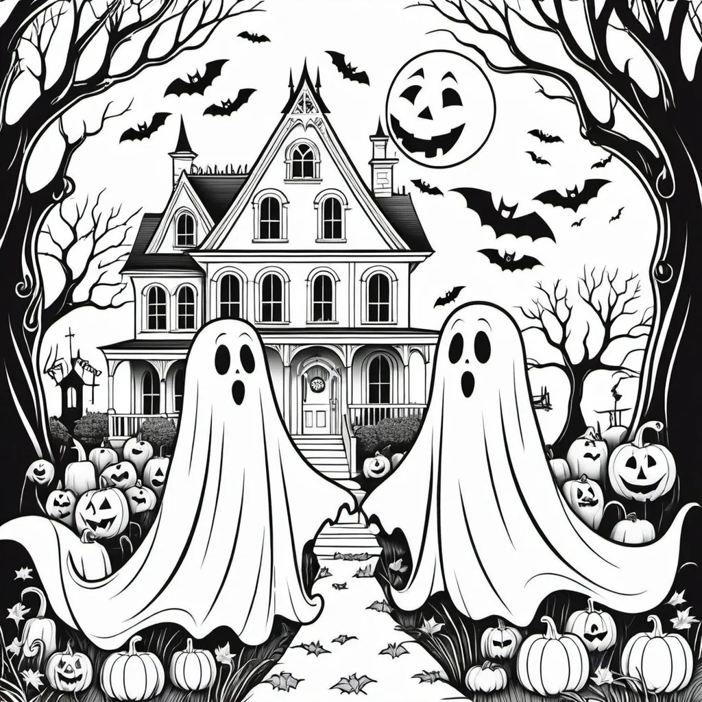 Prompt: Design a coloring page with a white background of two Halloween ghosts with a white background. The ghosts are floating in the garden of the house. The house is decorated with typical Halloween elements.