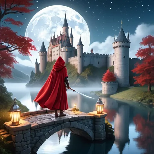 Prompt: Draw a digital illustration that represents a magical moment from a fairy tale in a realistic and cinematic way. In an ancient castle shrouded in fog, a mysterious figure in a red cloak and hood approaches over a drawbridge. The castle is illuminated by the light of the full moon, creating mysterious shadows and silver reflections in the water of the moat. In the background, stars can be seen twinkling in the night sky. It uses carefully rendered details and an evocative color palette to transport the viewer to a world of fantasy and wonder.