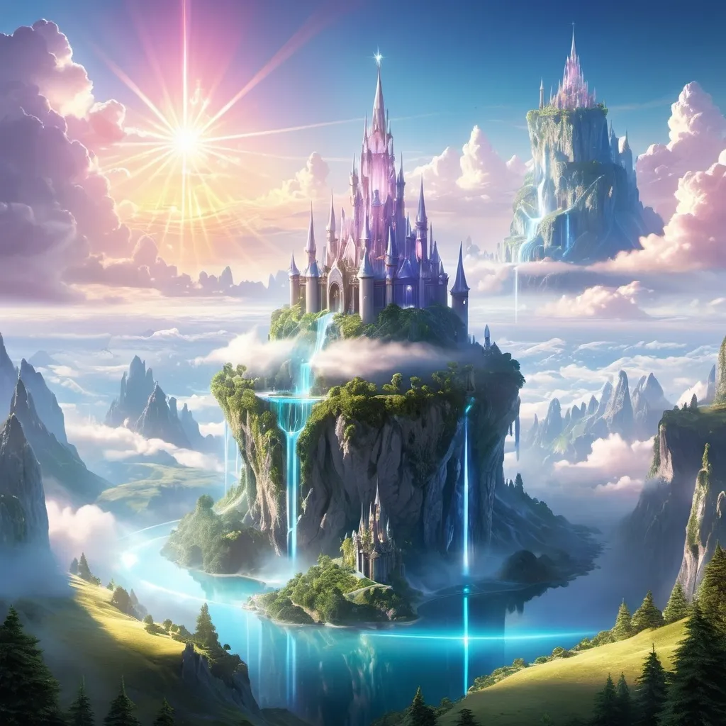 Prompt: Create a breathtaking fantasy illustration of a crystal castle floating above a sea of clouds. The castle should be made of transparent, sparkling crystal with intricate details, and its tall spires should have waterfalls cascading down from them, blending into the clouds below. The sky should be a gradient of soft pastel colors, with the sun casting a magical glow over the scene. Add a few floating islands and ethereal light rays to enhance the mystical atmosphere.