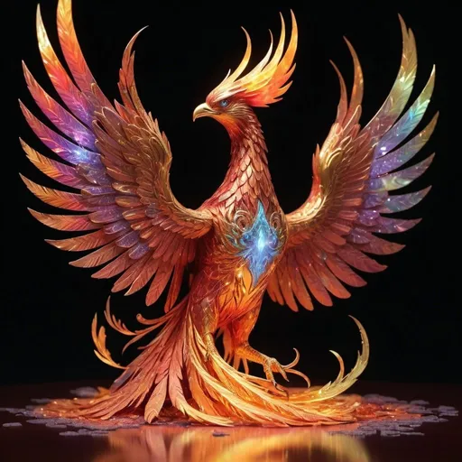 Prompt: Draw an intricate hologram of a phoenix emerging from the ashes. The phoenix should be shown with majestic, radiant feathers in fiery hues of red, orange, and gold. Incorporate holographic elements such as flickering lights and transparent layers to create a three-dimensional, dynamic appearance. The base of the hologram should feature glowing embers and smoldering ashes, with the phoenix rising triumphantly above them. The scene should convey a sense of rebirth and renewal, with the holographic light effects adding a futuristic and magical touch.