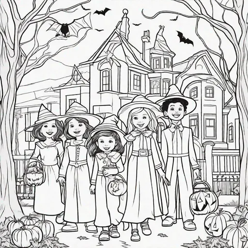 Prompt: Create a black and white Halloween coloring page featuring a group of kids trick-or-treating. Children must go dressed as a witch, vampire, ghost.