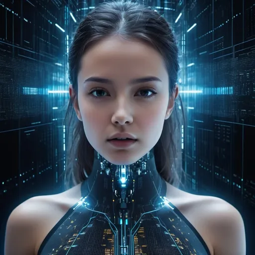 Prompt: Design an intense image of a young woman trapped in a virtual network, representing the power of artificial intelligence. The scene should show the woman surrounded by holographic interfaces and digital screens, with data streams flowing around her. Her body should be partially pixelated, indicating her partial integration into the digital world. The expression on her face should show a struggle against the invisible but omnipresent force of AI.