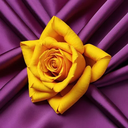 Prompt: Design an image of a yellow rose on a deep purple silk fabric. The rose should be perfectly centered, with its petals bursting with life and color, while the purple silk provides a rich, enhancing contrast. The folds of the fabric should be carefully arranged to guide the eye toward the rose, reflecting light in a way that adds a soft, subtle glow to the scene. The image should capture the elegance and visual impact of the contrast between the rose and the silk, highlighting the beauty of the flower in all its splendor.