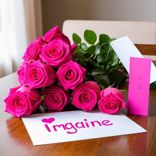 Prompt: Imagine fuxia-colored roses on a table, the roses are radiant and beautiful, next to the roses and a letter on the table.