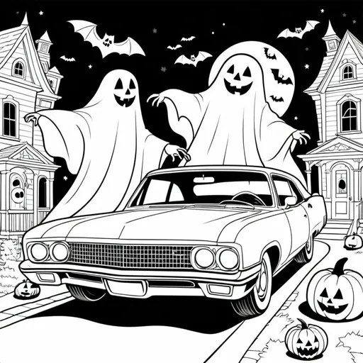 Prompt: Design a coloring page with a white background of two Halloween ghosts with a white background. The ghosts drive a car, the car and the ghosts float on the street of a town decorated with typical Halloween elements.