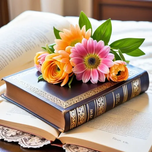 Prompt: Draw a beautiful and serene image of two ancient books adorned with floral arrangements. The books should have leather-bound covers with embossed designs and hints of gold leaf detailing, showing signs of age and use. Surround the books with an assortment of flowers, including daisies, tulips, and wildflowers, with a few flowers and petals scattered across the book covers. Place the scene on a vintage lace cloth, adding an extra layer of elegance. Use a soft, warm light to create a tranquil atmosphere, emphasizing the harmony between the timeless books and the ephemeral beauty of the flowers.