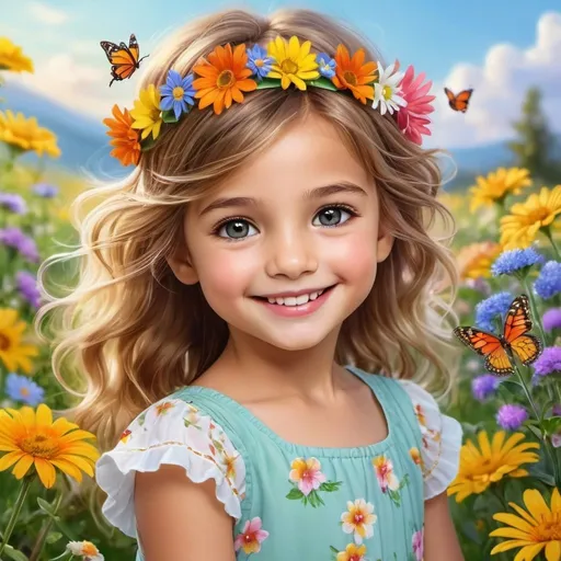 Prompt: Imagine and use a realistic style of a girl of about five years old with a tender and happy expression on her face. Her eyes shine with innocence and happiness, and a radiant smile lights up her face. The girl has loose and messy hair, adorned with a flower headband. She is dressed in a colorful dress and has her hands full of flowers and butterflies. In the background, she shows a field full of wildflowers and soft evening light enveloping the scene, creating a warm and welcoming atmosphere.
