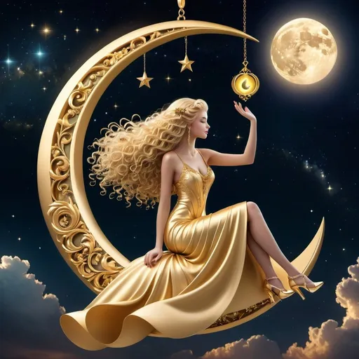 Prompt: Imagine a cheerful young woman in a golden dress, she is sitting on a columbium that hangs from the crescent moon at dawn, long curly hair, digital art style clipart, very detailed by mandy jungens, nadja baxter, anne stokes, nicoletta ceccoli , full colors.