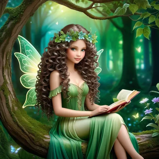 Prompt: Imagine a forest fairy, who is holding a book in her hands, is sitting on a branch of a tree, in a beautiful and magical enchanted garden, long curly hair, digital art style clipart, very detailed by mandy jungens, nadja baxter, anne stokes, nicoletta ceccoli, full colors.