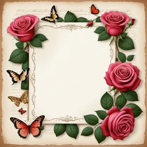 Prompt: Draw an elegant and charming picture of decorated writing paper. The paper should have a smooth, textured background with ornate, vintage-style edges. Add decorative elements such as subtle illustrations of roses and butterflies floating above the roses in the lower right corner. Make sure there is enough white space in the center to write on. Place the paper on a wooden desk, with a rose resting on the desk near the sheet of paper, to create a classic and timeless atmosphere.