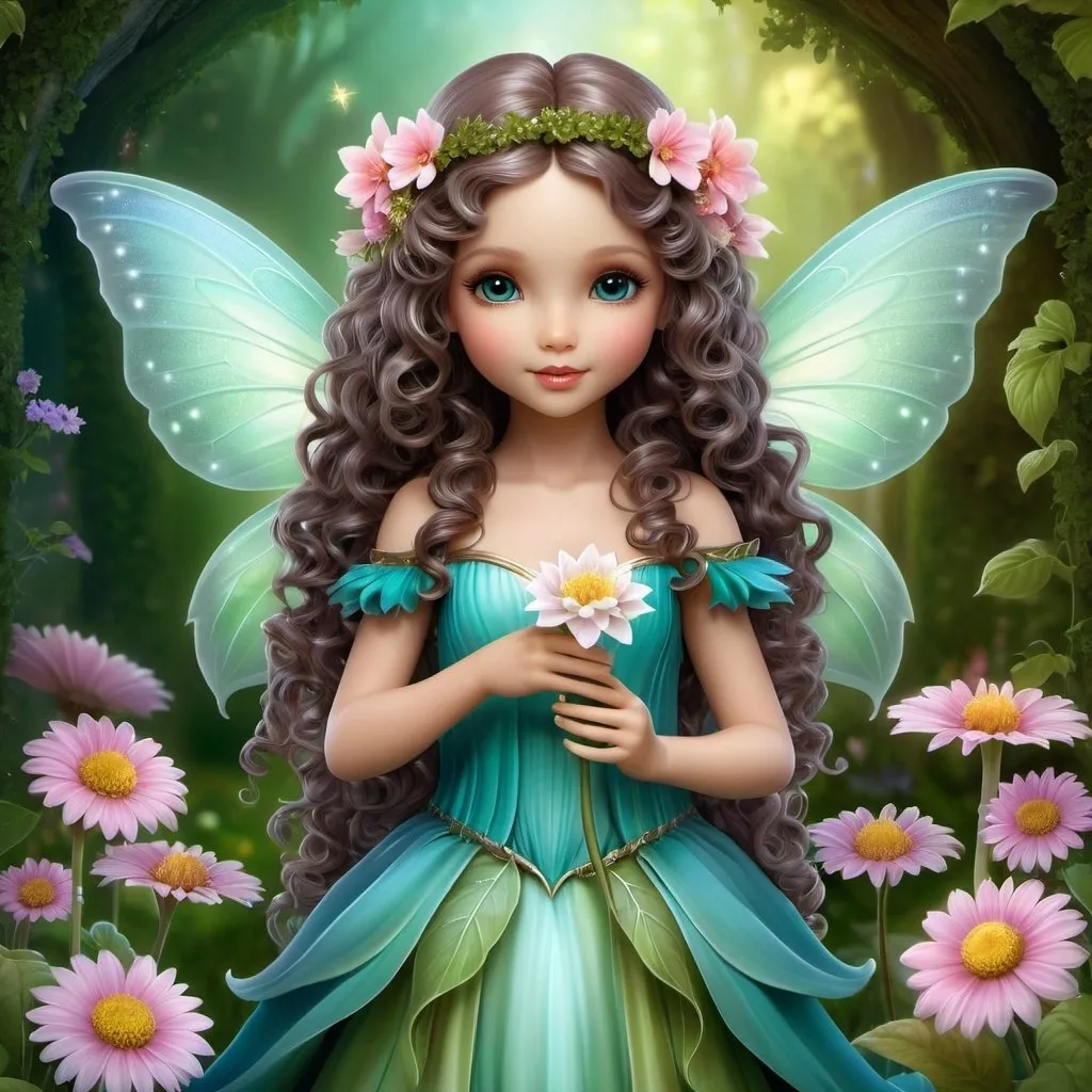 Prompt: portrait and full body shot of a cute garden fairy, who is holding a flower in her hands, she is doing magic in a beautiful and magical enchanted garden, long curly hair, digital art style clipart, very detailed by mandy jungens, nadja baxter, anne stokes, nicoletta ceccoli, full colors