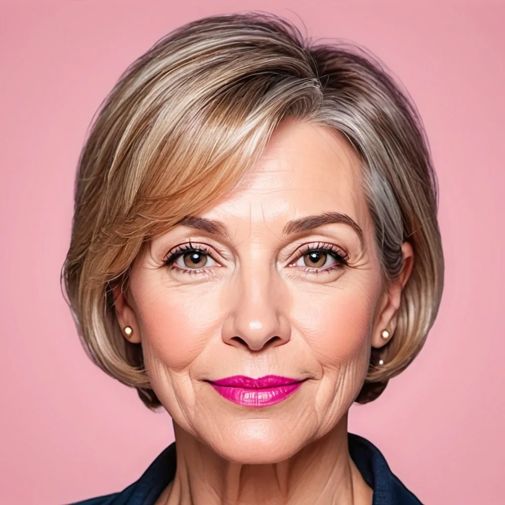 Prompt: Create a digital illustration of the face of a 55-year-old woman with short hair, bright eyes, a tender look, and pink lips. The background of the simple image.