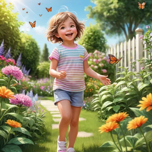 Prompt: Create a realistic digital illustration of a girl around five years old playing in a garden. Her gaze radiates tenderness and joy as she observes in amazement a butterfly that flutters near her. The girl has short, messy hair, and is dressed in a striped t-shirt and shorts. Her hands are extended towards the butterfly with an expression of pure emotion. The garden is full of colorful flowers and sunlight gently spills over the scene, highlighting the beauty and innocence of the girl.