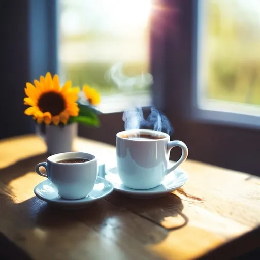 Prompt: Create a cozy and inviting illustration of a breakfast scene featuring a steaming cup of coffee. The coffee cup should be a classic ceramic mug, with subtle decorative patterns or a simple, elegant design. Place the mug on a wooden breakfast table, alongside a plate with a freshly baked croissant and a small vase with fresh flowers. Ensure the steam rising from the coffee is visible, adding warmth and comfort to the scene. The background should include soft morning light streaming through a nearby window, casting gentle shadows and creating a tranquil, welcoming atmosphere.