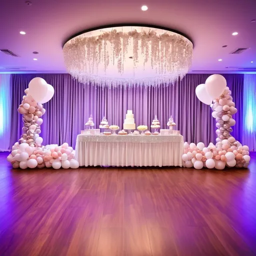 Prompt: Imagine the scene showing a large, elegant living room decorated with sparkling garlands, colorful balloons and twinkling lights. In the center of the room, there is a dance floor illuminated by disco lights, where guests enjoy dancing to the music. Tables are covered with white tablecloths and adorned with floral centerpieces and sparkling candles. In one corner is an exquisitely decorated sweets table with cupcakes, chocolates and other treats. In the background, you can see a balloon arch and a backdrop with the phrase "Happy Birthday" written in bright letters.