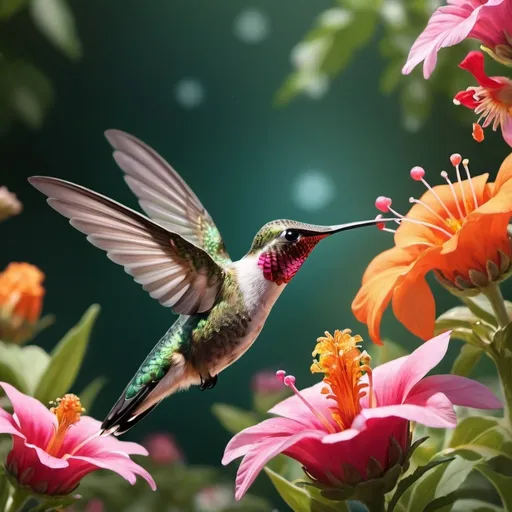 Prompt: Imagine, a hummingbird taking nectar from a flower in a magical garden.