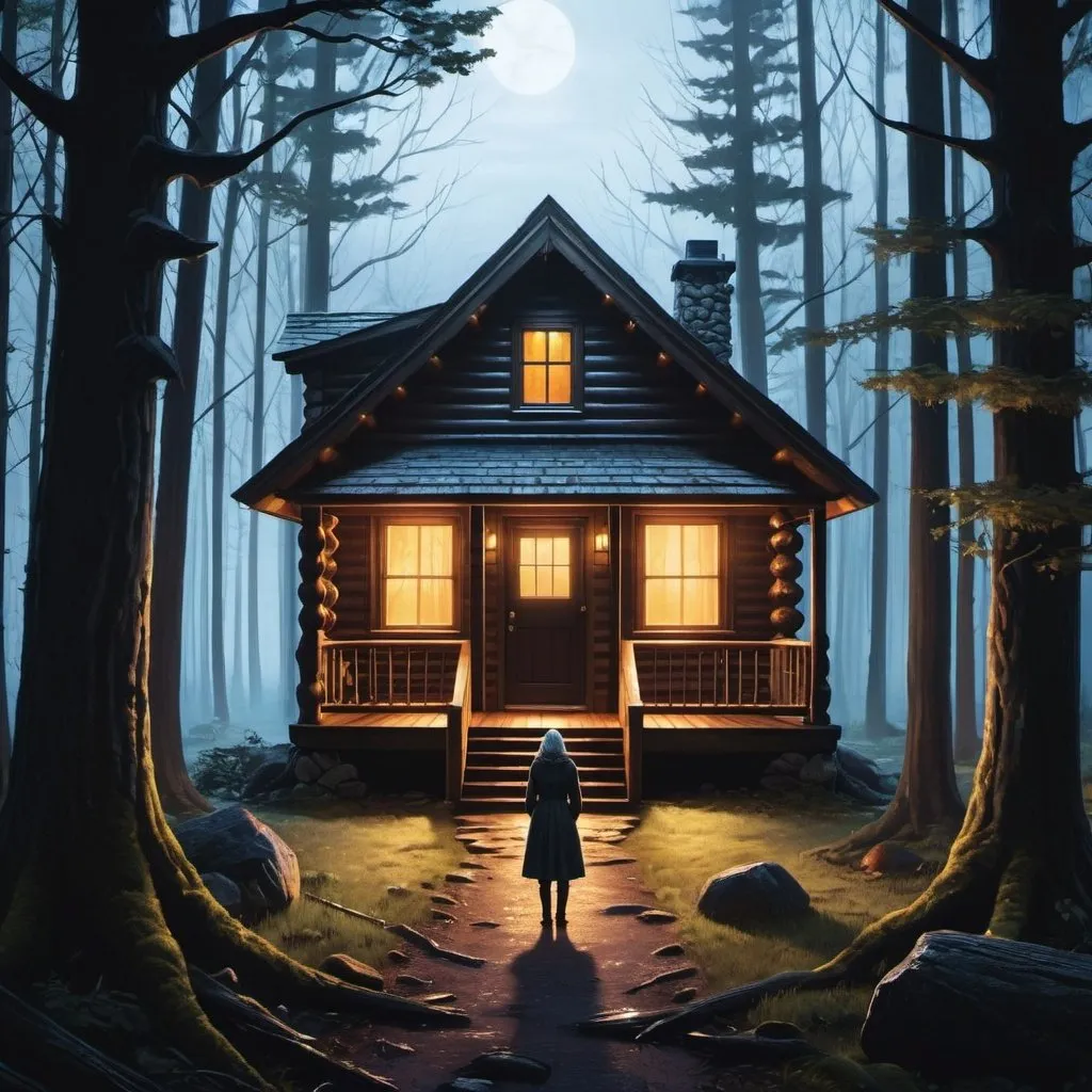 Prompt: Imagine, detail and create a digital scene of the cabin located in the heart of the dark forest. The cabin has a sinister appearance and is surrounded by a thick fog that envelops the place in an aura of mystery. The windows of the cabin glow with a ghostly light and inside is the silhouette of a creepy granny, her figure hunched over and her eyes glowing in the darkness. Outside, it features twisted trees and long shadows that add to the ominous atmosphere. The scene conveys a sense of unease and suspense, inviting the viewer to explore the terrifying world of the cabin in the woods.