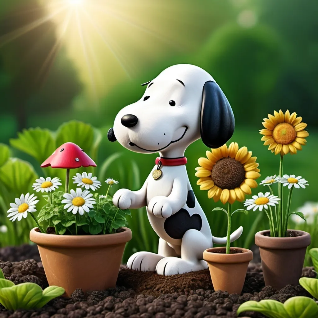 Prompt: Imagine Snoopy as a gardener. Digital art style clipart, very detailed by mandy jungens, nadja baxter, anne stokes, nicoletta ceccoli, full colors