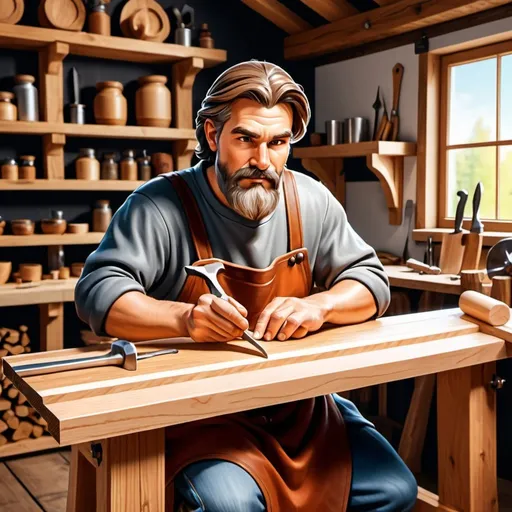 Prompt: Draw a detailed scene of a carpenter working in his workshop during the Create a digital illustration that represents a medieval carpenter at work. The carpenter is sitting at a wooden workbench, precisely carving a piece of wood with a sharp knife. His face is focused and serious, showing the skill and skill necessary for his craft. Behind him, he displays shelves filled with tools and rolls of wood, along with woodworking projects in various stages of completion. The atmosphere is rustic and authentic, transporting the viewer to the Middle Ages and showing the importance of manual work at that time.