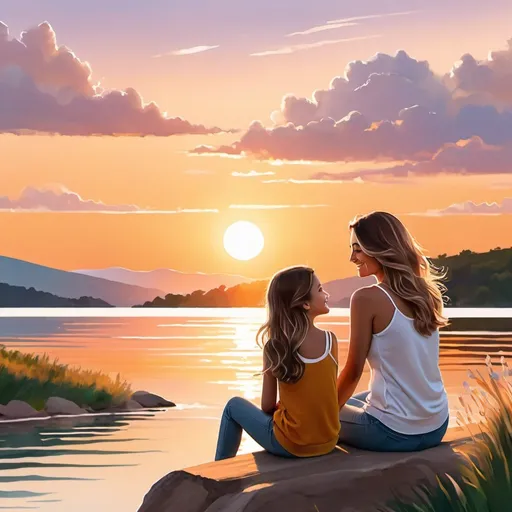 Prompt: Create a digital illustration that captures the moment of a mother and her daughter enjoying the sunset together. In the image, it shows the mother and daughter sitting side by side, looking towards the horizon where the sun is setting. Use warm colors and soft tones to create a serene and calm atmosphere. Add details such as the reflection of the sunset light on their faces and the soft breeze that gently waves their hair. The background can include natural elements, such as trees or hills, to enrich the feeling of connection with nature.