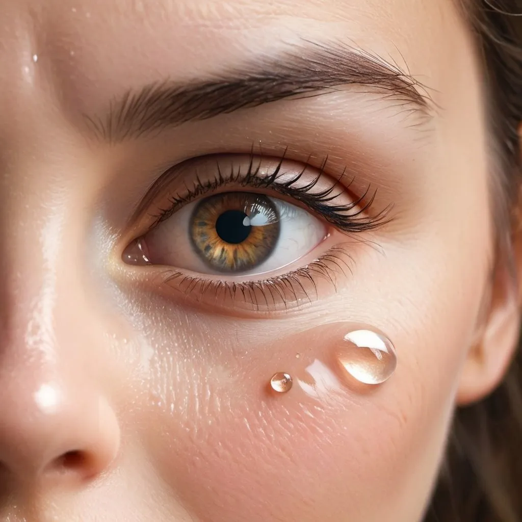 Prompt: Create a detailed close-up illustration of a single tear rolling down a cheek. The tear should be crystal clear, reflecting light as it makes its path down the skin. The cheek should have a soft, natural texture, with subtle shading to show the contours of the face. Capture the emotion in the eye above, with a hint of sadness reflected in the pupil. Use soft, warm colors to create a gentle, touching atmosphere, emphasizing the tear as the focal point of the image.