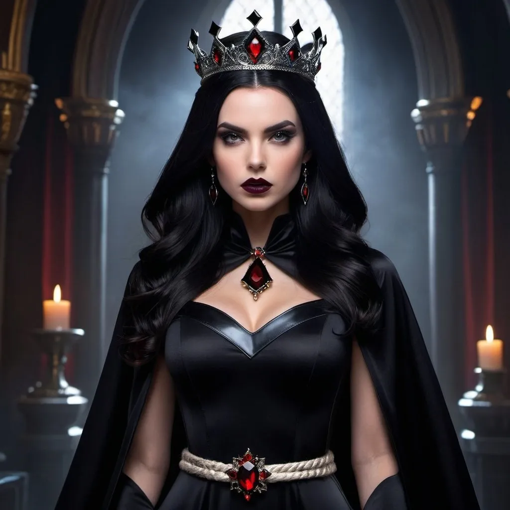 Prompt: This young dark queen is both beautiful and terrifying. Her dark hair frames her face and gives her a mysterious vibe. Her reddish black lips show a side of evil and darkness that is unsettling. She stands proud and powerful in her long black dress with shimmer flared sleeves, attached rope belt, a long commanding cape, a cowl headpiece, and a royal crown. She stands in her dark kingdom, looking as if she is poised to command the very forces of the universe. Artgerm, Artstation, digital art, portrait, dark queen, black hair, reddish black lips, dark kingdom, dark dress