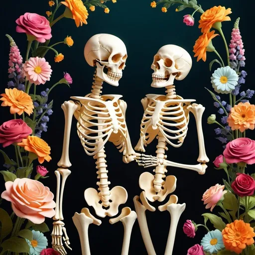 Prompt: Create a captivating and whimsical illustration titled 'Skeleton & Flowers: Chivalry Is Not Dead.' Depict a skeleton dressed in a romantic, chivalrous manner, perhaps wearing a classic suit or elegant attire, holding a bouquet of vibrant, fresh flowers. The skeleton should have a charming and courteous pose, possibly offering the flowers to another character or bowing. Surround the scene with an array of colorful flowers, blending a sense of life and beauty with the skeletal figure. The background can be a softly lit, romantic setting such as a garden at dusk, enhancing the contrast between the skeleton and the lively flowers, symbolizing timeless chivalry.